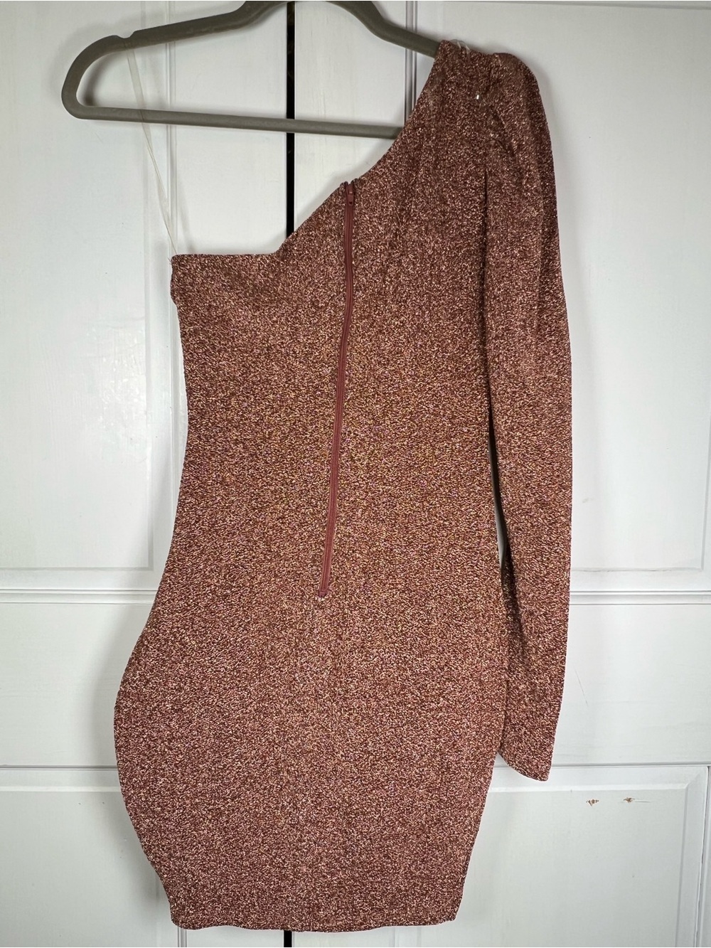 NWT Privvy Rose Gold Glitter One Shoulder Mini Dress Lined Stretchy Size Small - Picture 5 of 8